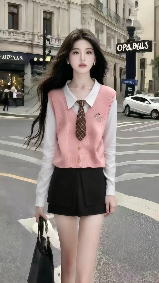 秋季新款松弛感穿搭学院风粉色马甲长袖上衣两件套+黑色百搭短裤