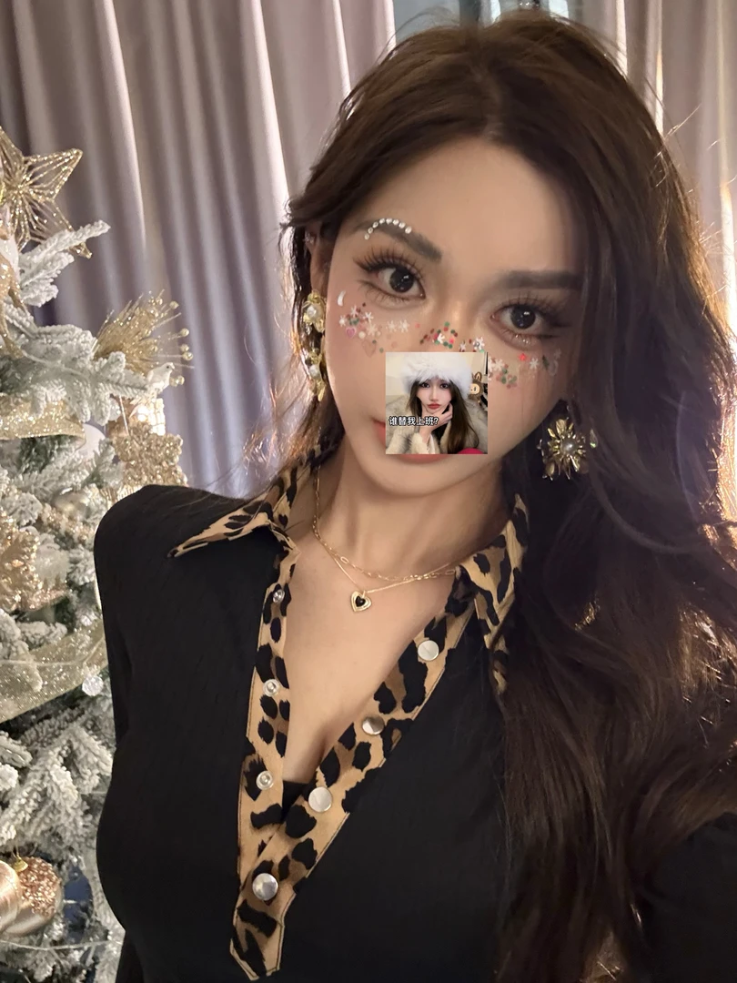 设计感豹纹拼接polo领深VT恤性感热辣修身显瘦百搭上衣