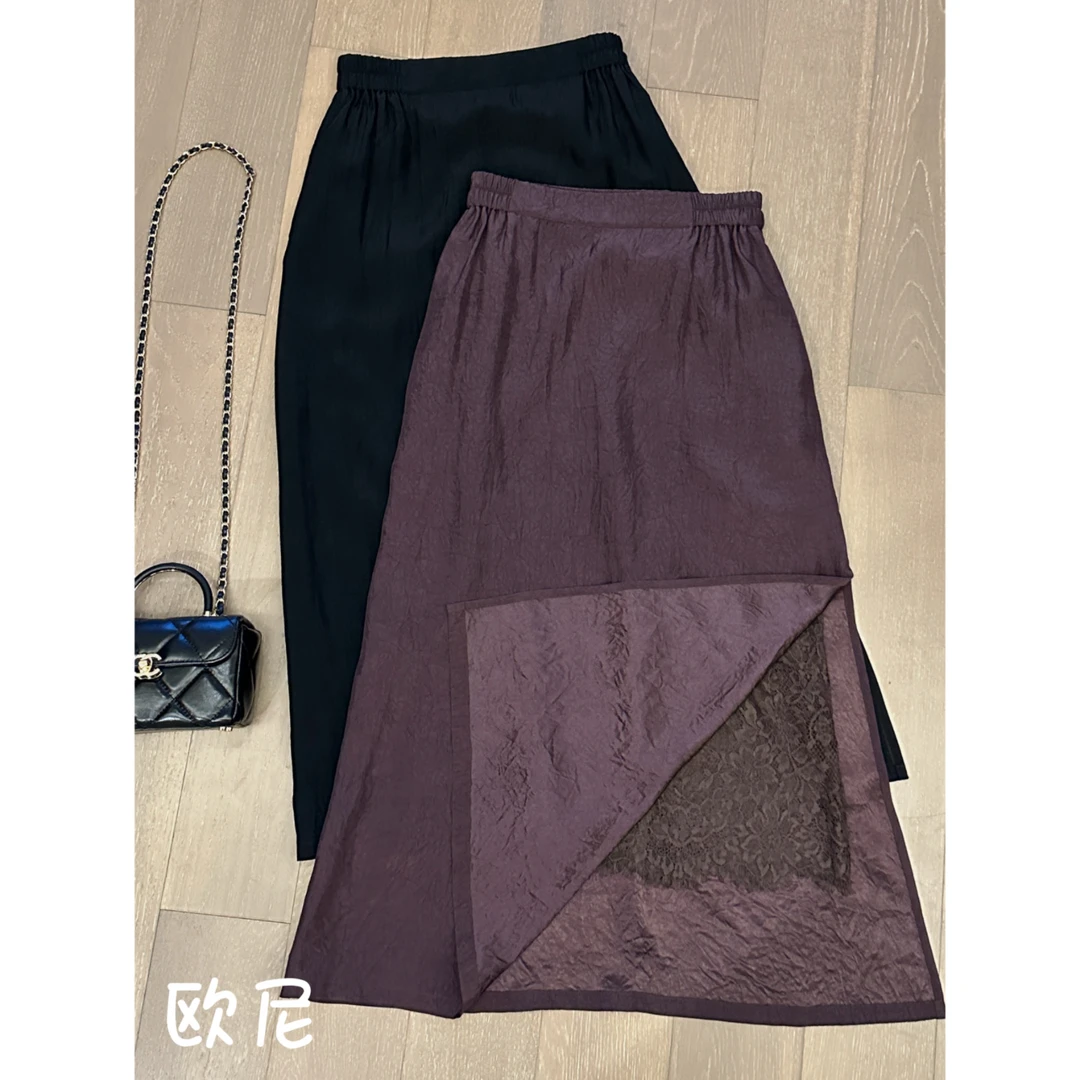 夏款简约显瘦肌理感侧开叉蕾丝醋酸半身裙 2405B2386