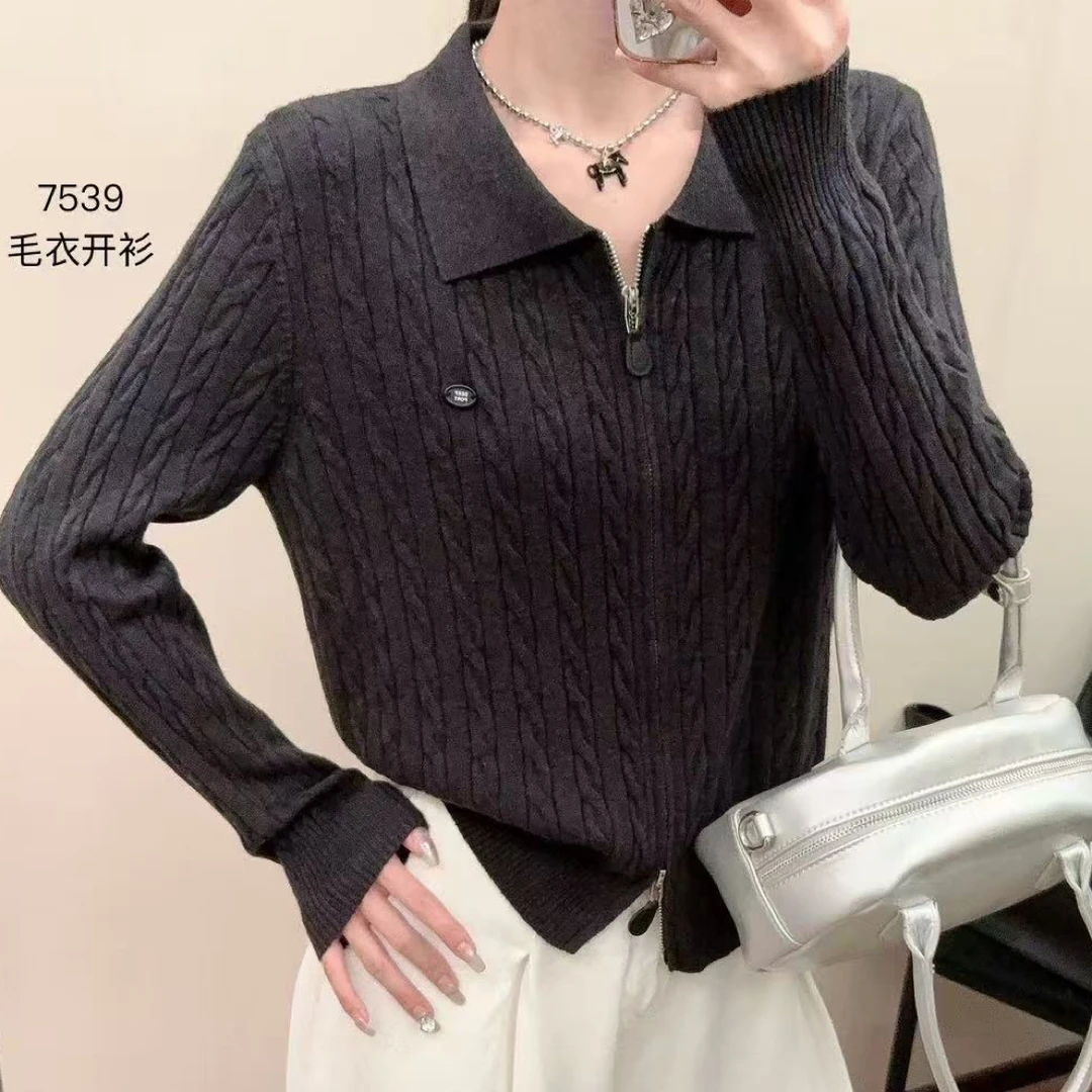 7539 翻领毛针织衫长袖针织衫INS风衬衫袖厚款