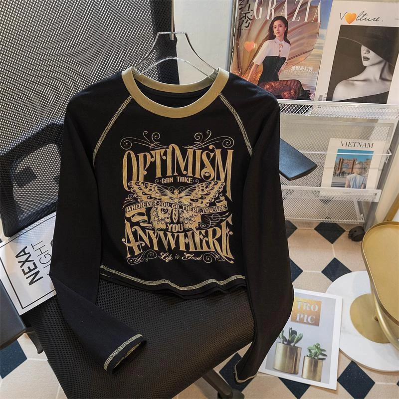 胖mm设计感字母印花宽松长袖t恤女2025春秋装新款时尚纯欲打底衫