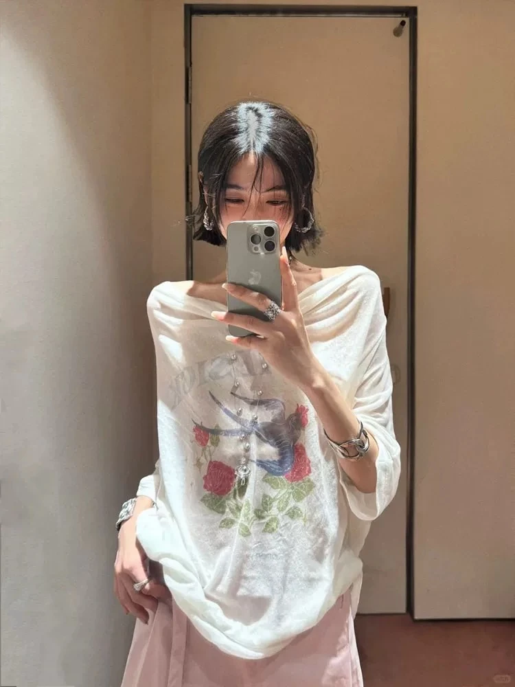 GABBY 玫瑰飞燕斜肩印花短袖T恤薄款防晒罩衫上衣女L1471