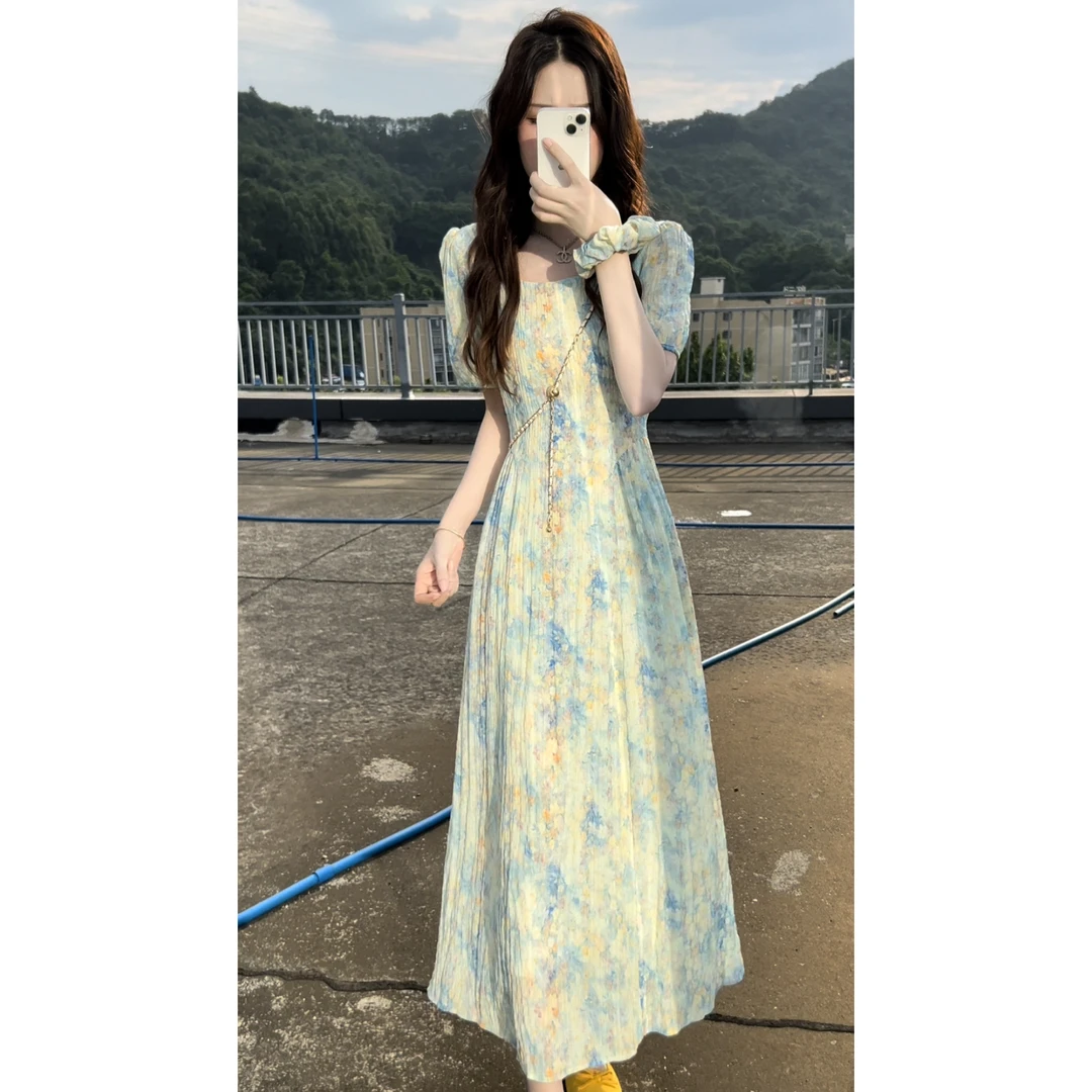 【有口袋】盛夏蓝色油画夏季碎花方领收腰显瘦女连衣裙时尚气质1517