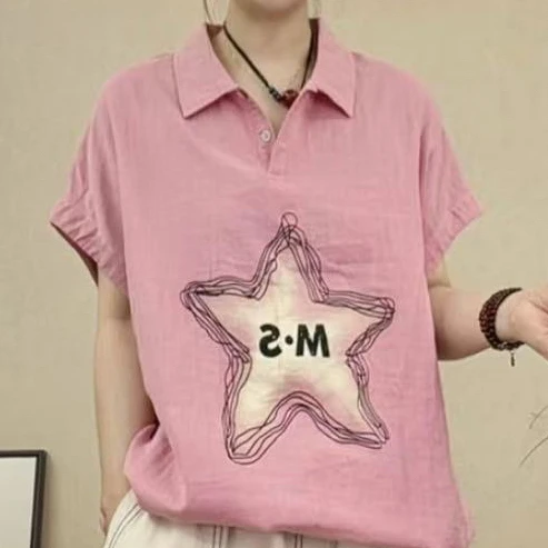 669双纱棉印花POLO领大版T恤女