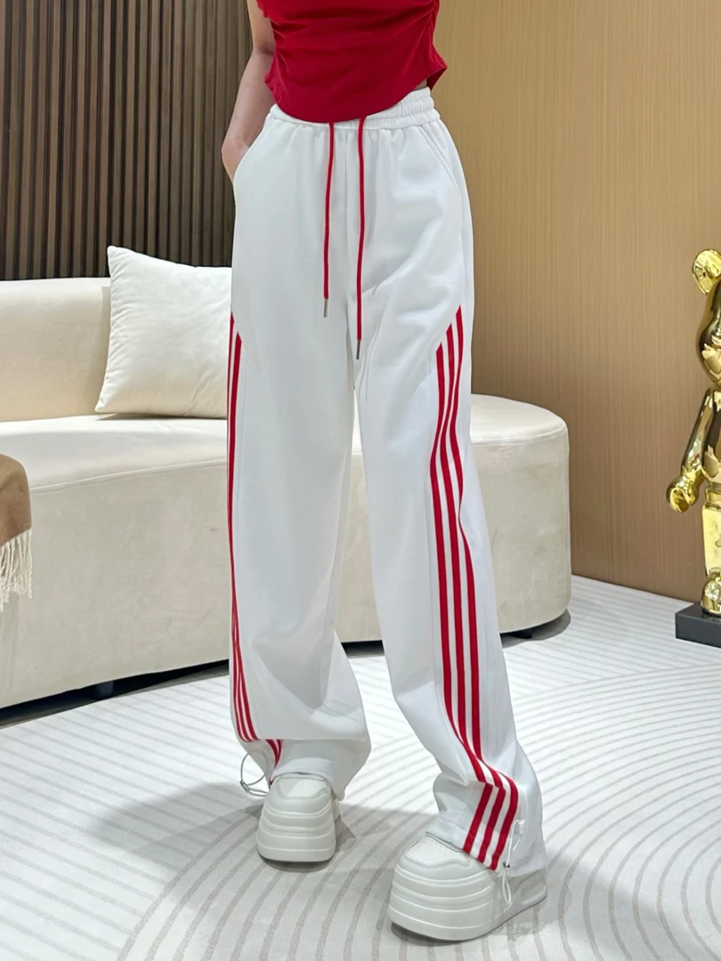 DA138【三条杠抽绳休闲裤】美式条纹高腰宽松直筒时尚显瘦休闲裤女