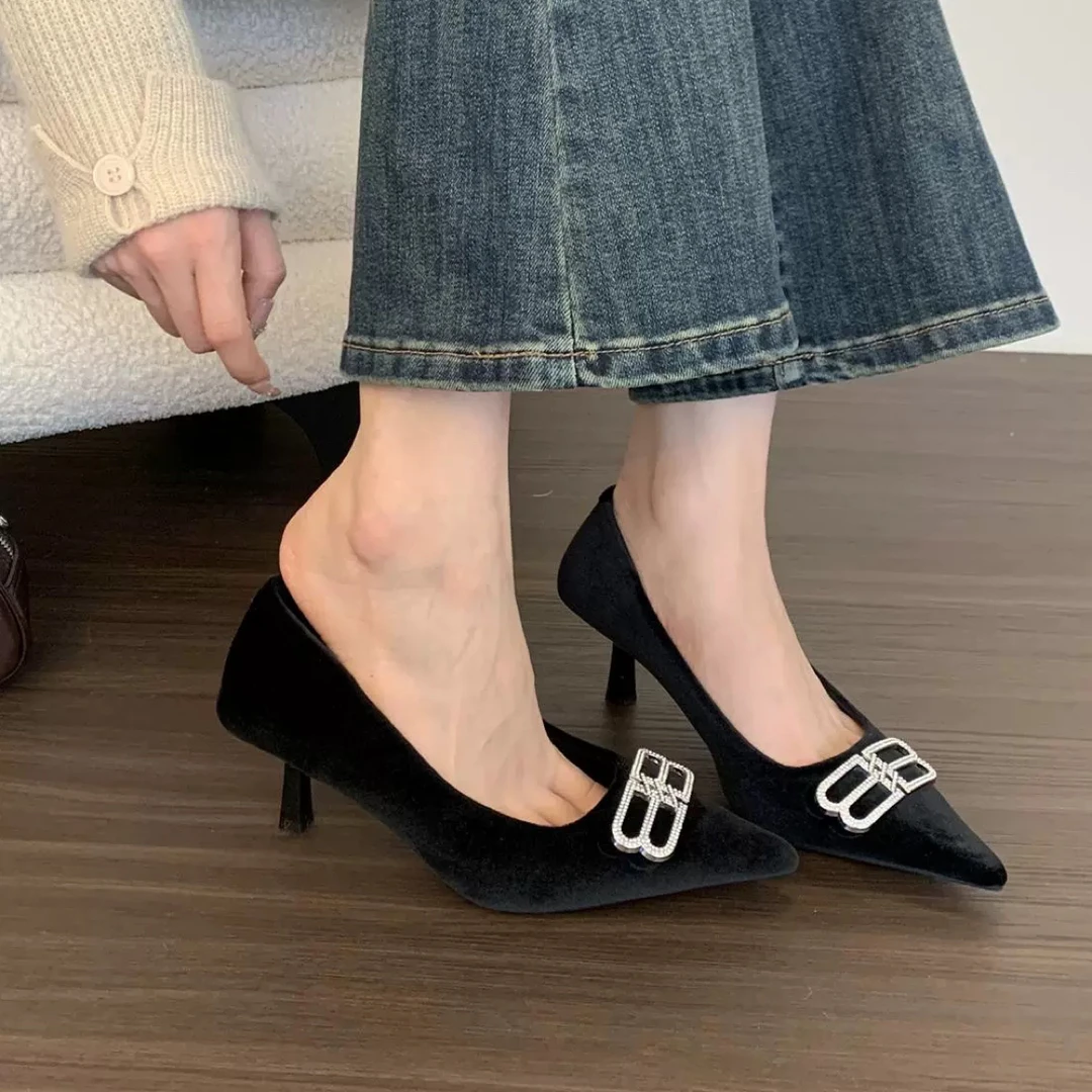 天鹅～黑色高跟鞋女细跟2025新款浅口气质百搭通勤职业上班998-1