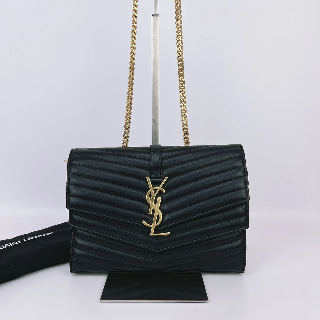 95新 YSL/圣罗兰 圣罗兰 黑色双盖信封单肩包底长22 D662
