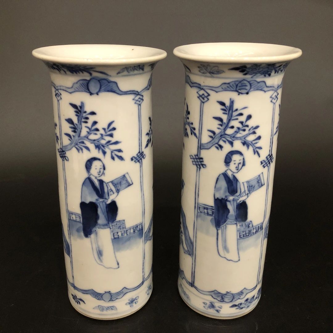 25091245清光绪青花人物花鸟纹花插 高20.8cm