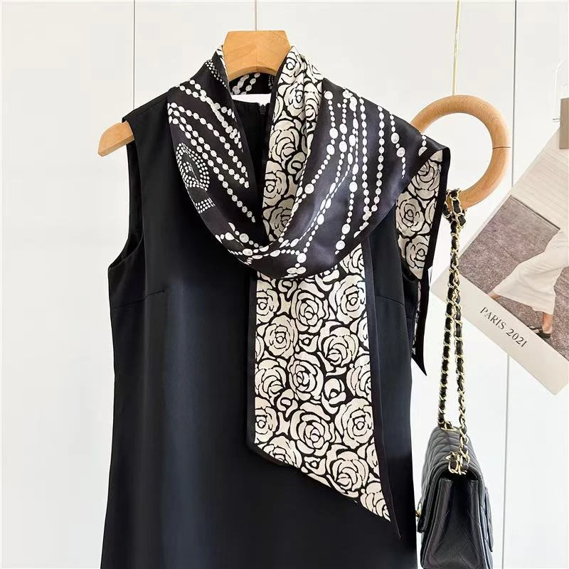 黑色链条茶花约150x16cm 100%桑蚕丝素绉缎12姆米双层真丝飘带