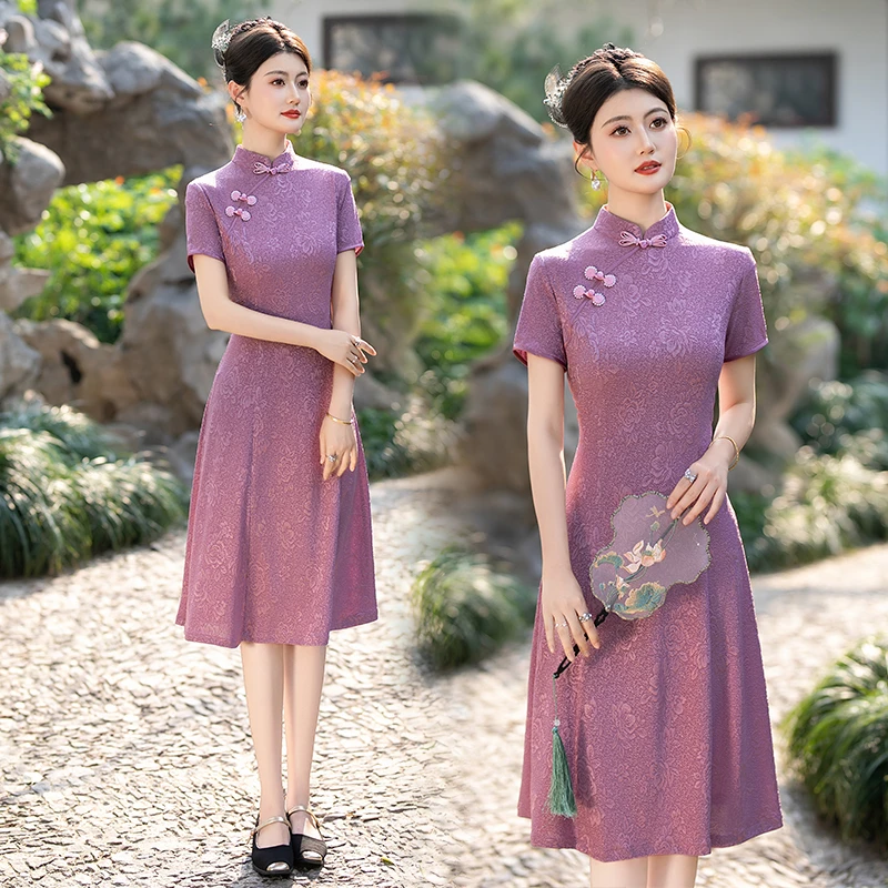 改良旗袍女中长款夏季新款短袖显瘦复古中国风年轻妈妈旗袍连衣裙