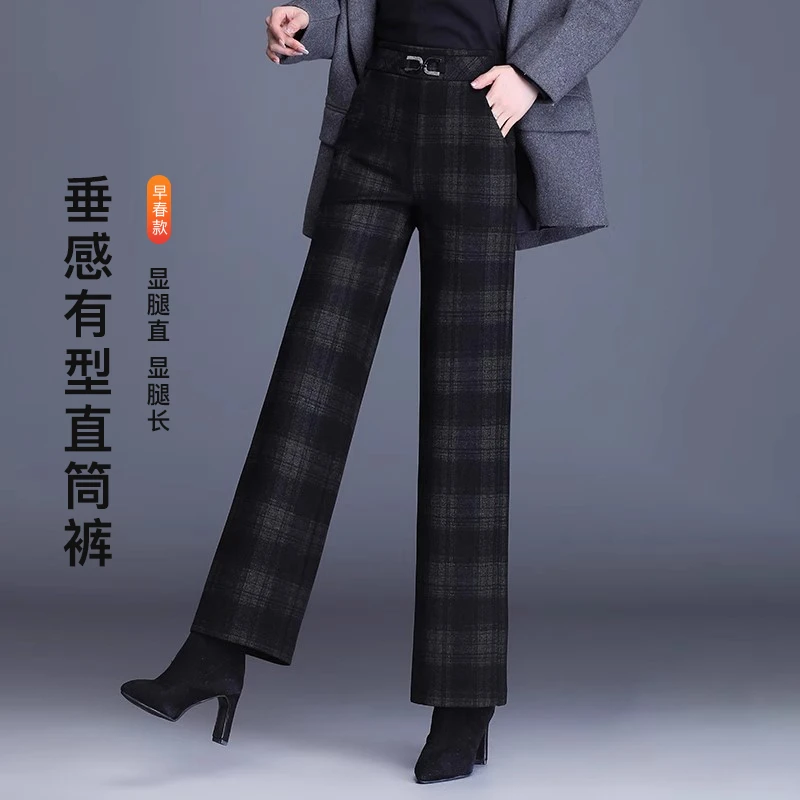 【可蓓儿】格子阔腿裤郑州女裤2025新款爆春秋妈妈毛呢直筒裤妈妈装