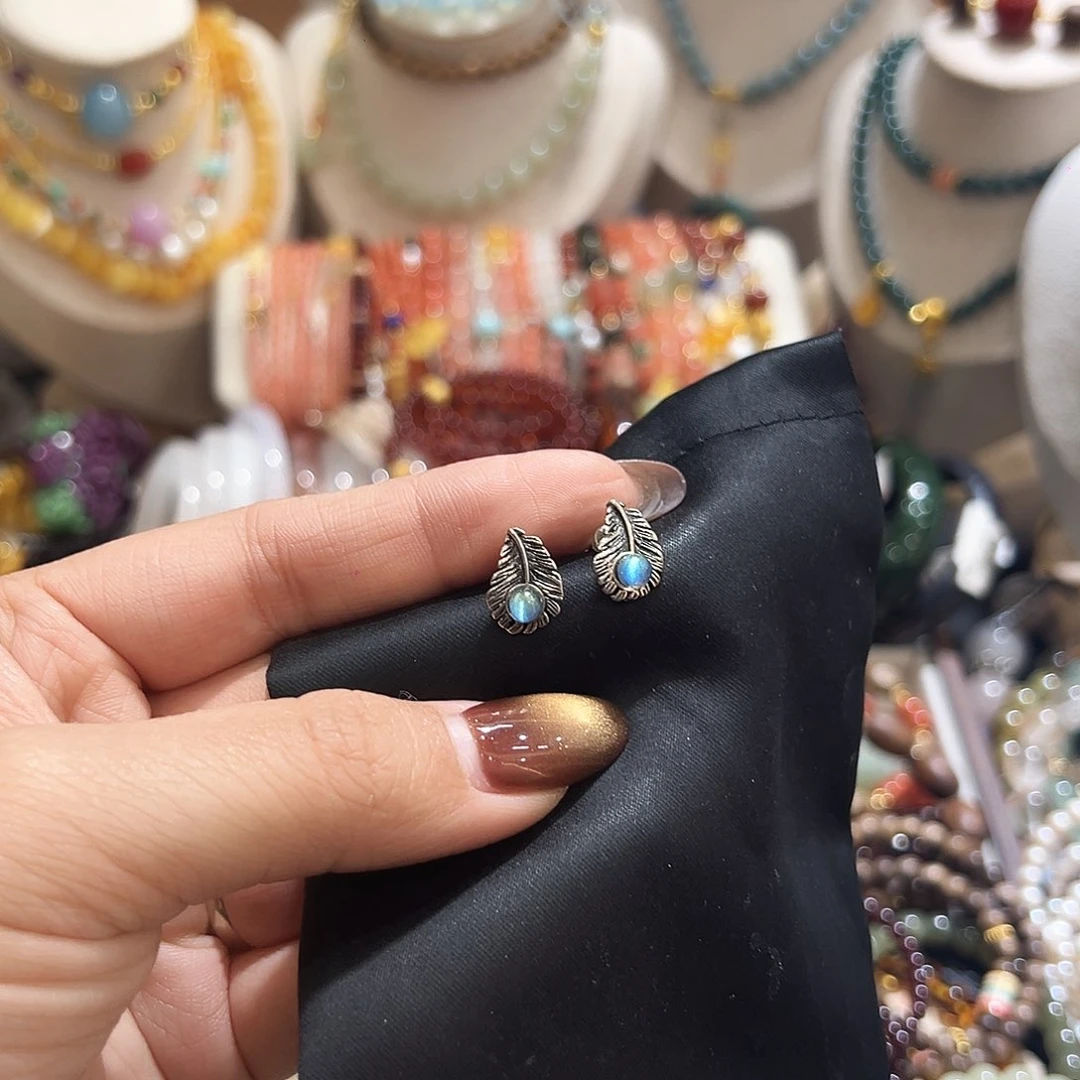 银S925镶嵌耳钉长石安*