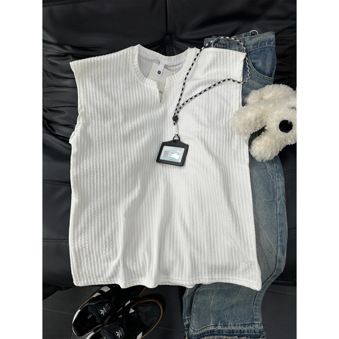 美式凉感v领背心男款夏季薄款褶皱肌理感无袖t恤运动休闲马甲汗衫