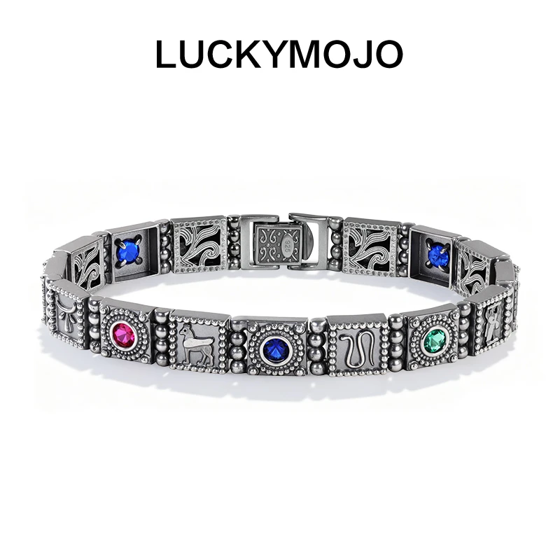 LUCKYMOJO 925银手链 复古做旧秘境银手链彩色软手镯拼接男生时尚