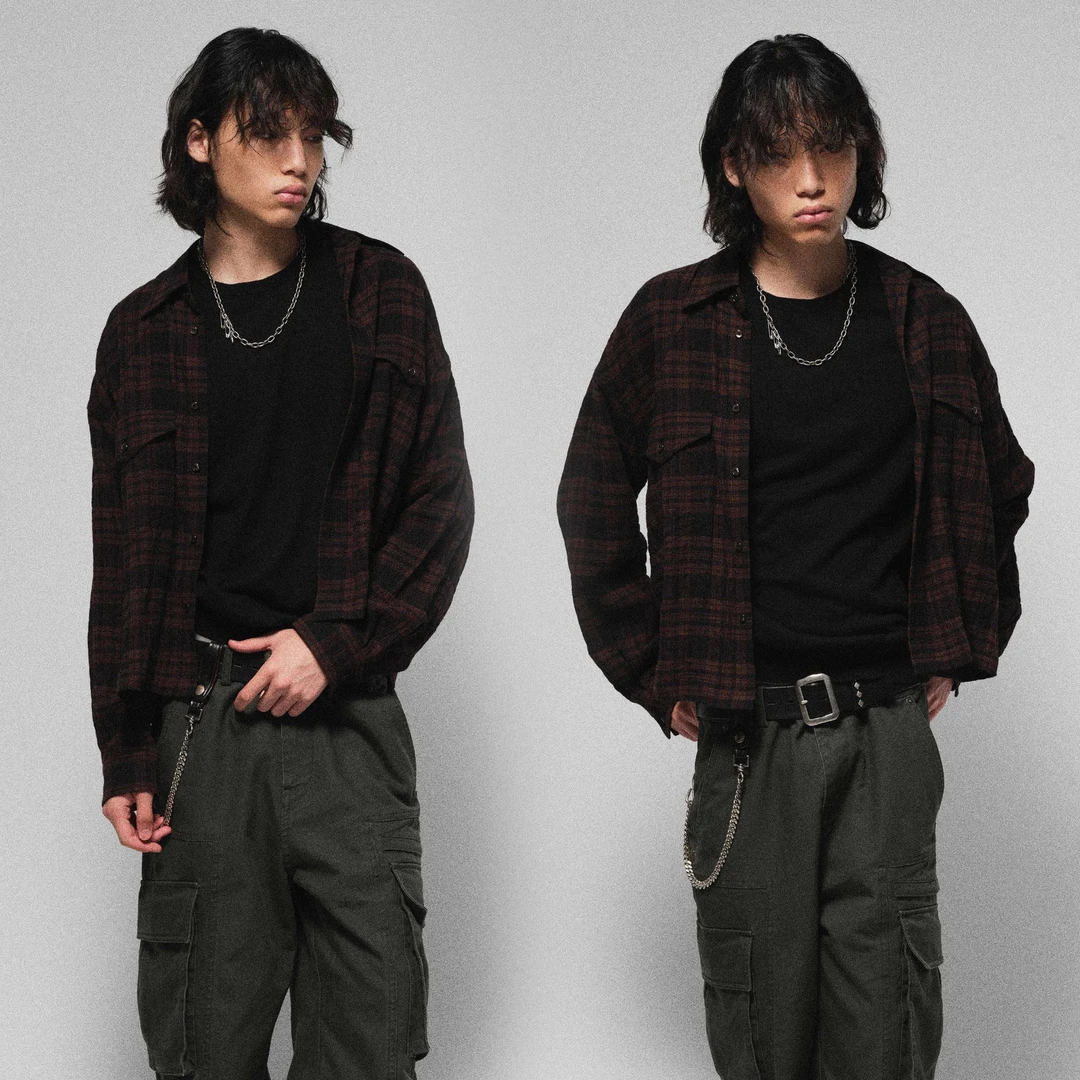 huntingold轻薄色织纯棉格纹复古短宽版型休闲长袖衬衫日系 1533