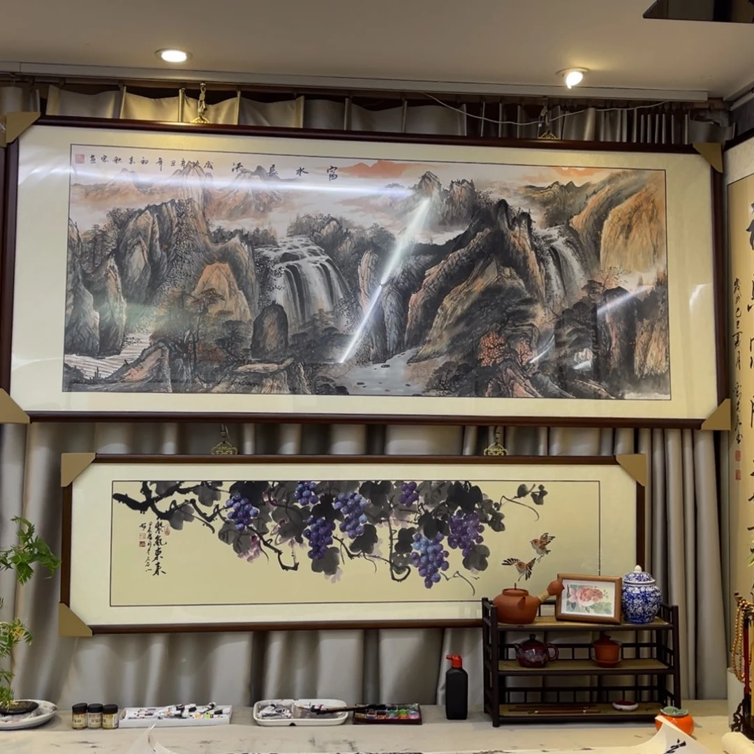 国画富水长流六尺成品画框205×85