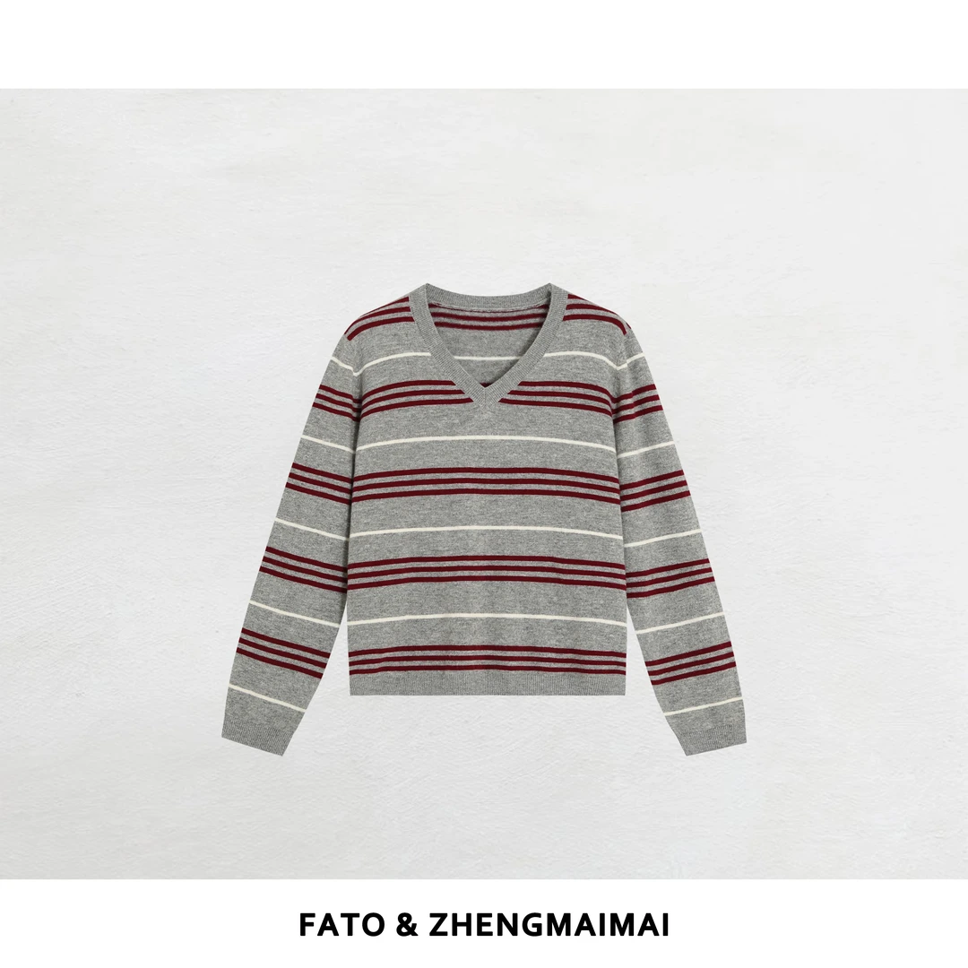 【郑买买】壁炉絮语 秋冬款复古时尚气质条纹撞色针织毛衣CC50906M2