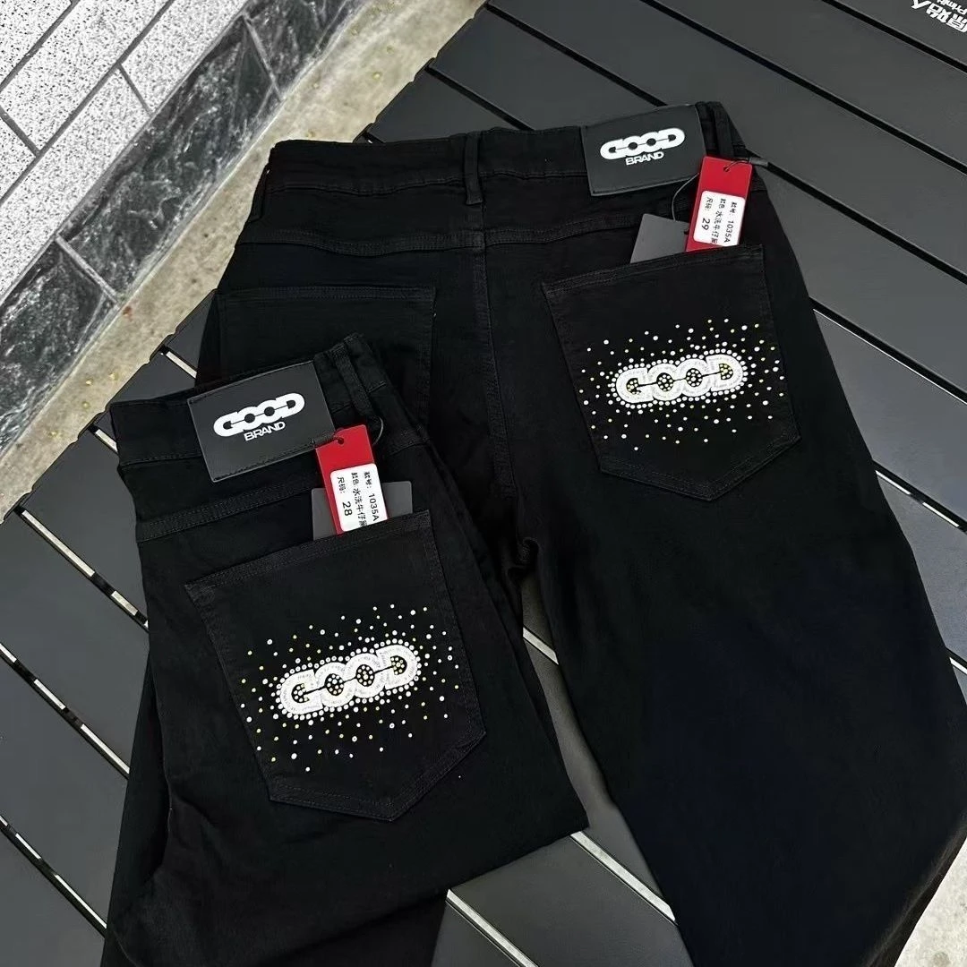 春秋网红烫钻字母Good潮牌刺绣牛仔裤修身时尚帅气百搭syssr裤子