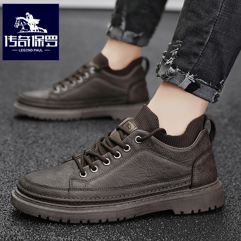传奇保罗正版皮鞋男2025新款冬季袜子口休闲鞋男厚底防滑工作板鞋