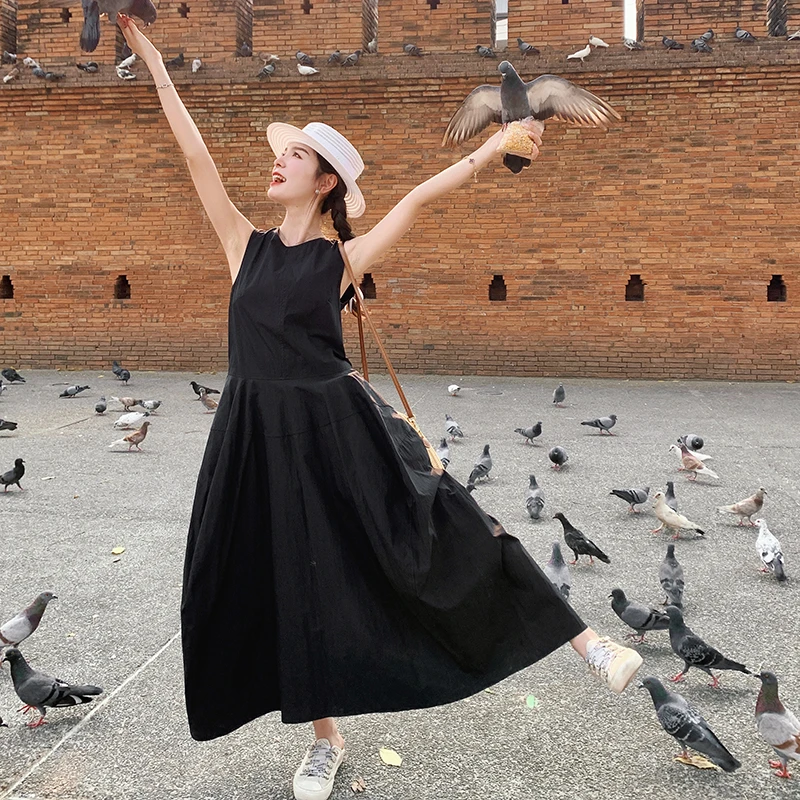 法式气质小黑裙夏季复古连衣裙缪斯小黑裙中长款简约裙子无袖小众