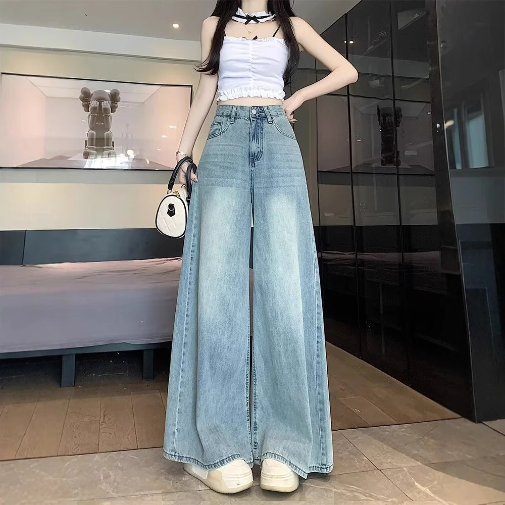 大码阔腿牛仔裤女夏季薄款浅蓝2025高腰显瘦垂感宽松直筒拖地长裤