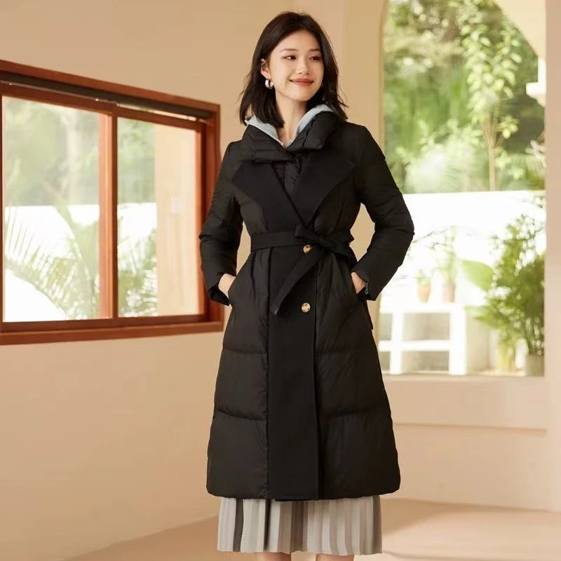 【D910】冬季新款系带加厚过膝通勤长款羽绒服外套