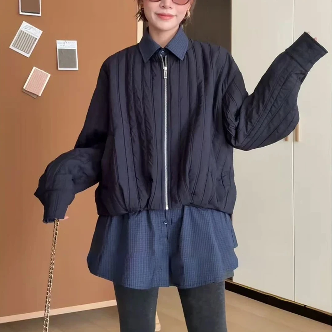 时尚宽松遮肉显瘦polo领短外套2025秋冬中长款格纹拼接保暖棉衣女