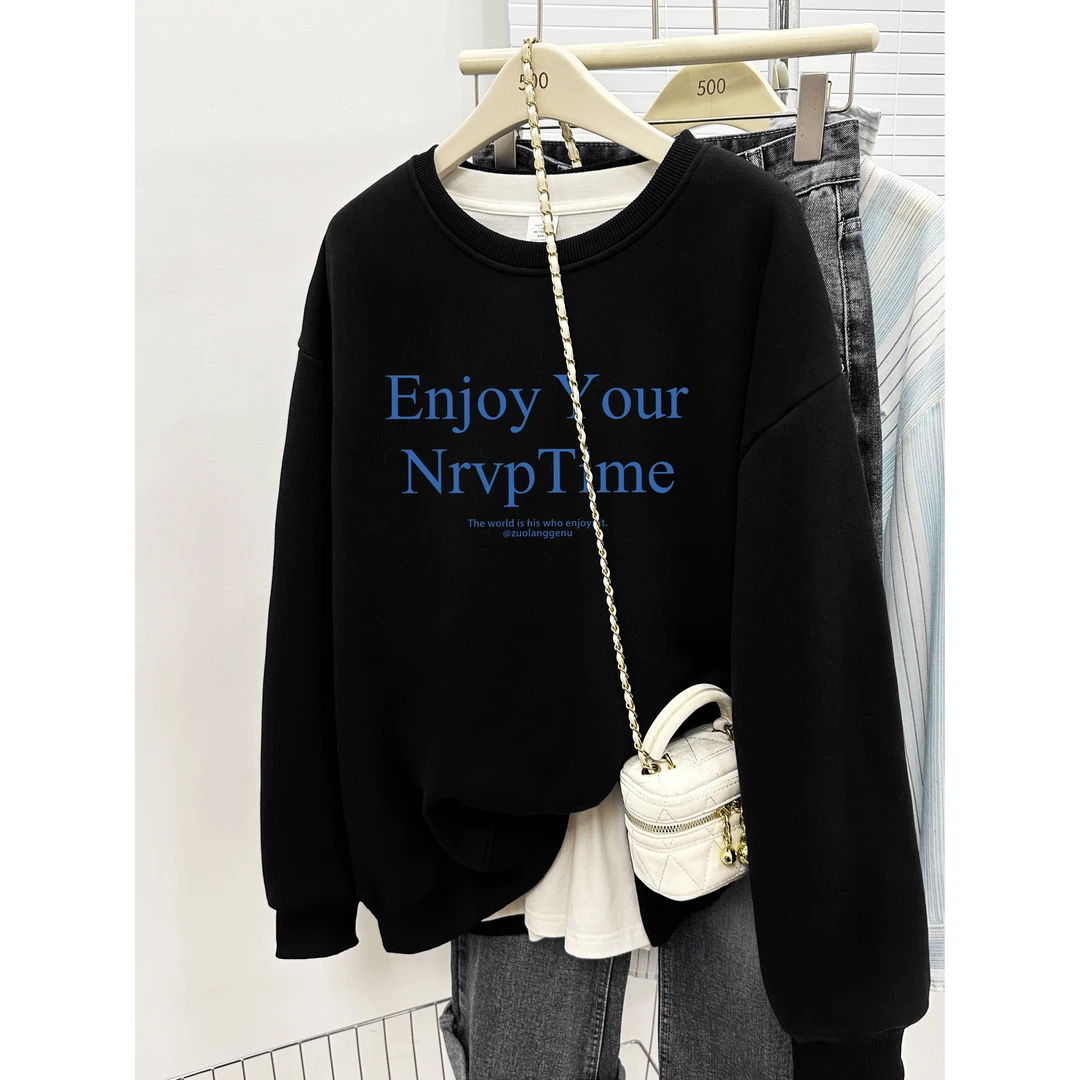 韩版字母印花百搭圆领无帽卫衣女秋冬新款胖MM宽松大码套头上衣