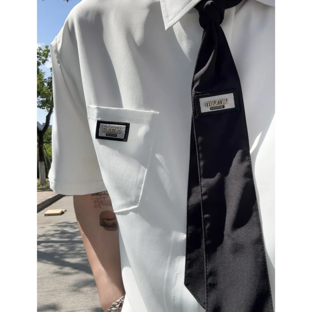 纯色简约领带设计高级感男士短袖衬衫夏季新款潮流痞帅百搭上衣