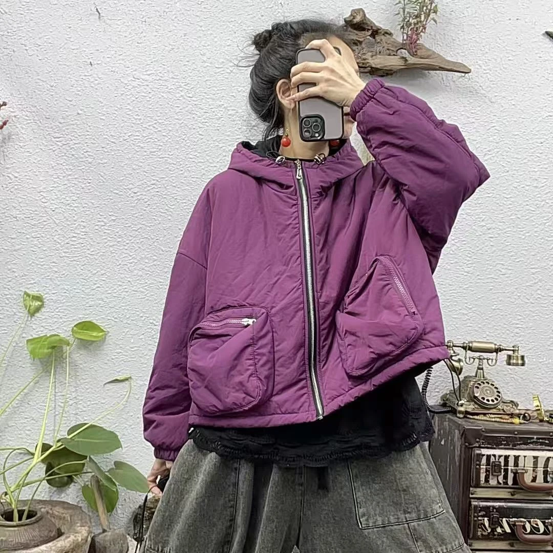 25069帽衫夹棉拉链立体口袋棉袄外套（长53胸围135