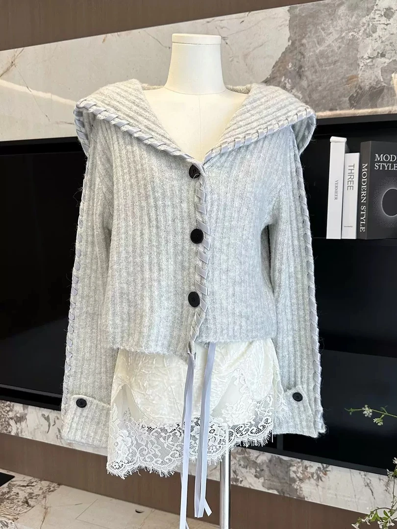 H019灰坑条抽绳韩系秋冬高级灰毛衣QF00528