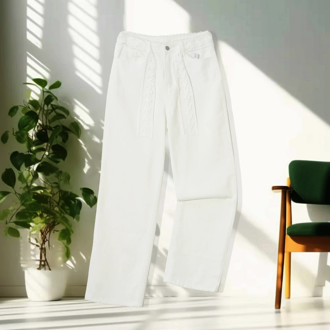 白色设计感高腰休闲蕾丝腰带水洗百搭潮裤直筒休闲牛仔裤1F745