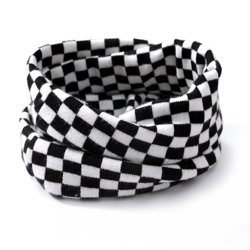 脖套挂耳式男女工作用羊毛提花保暖护脖子小围巾针织黑白格子秋冬