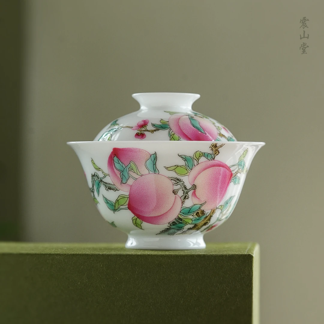 震山堂粉彩纯手绘桃子盖碗景德镇单个盖碗斗彩青花薄胎陶瓷泡茶器