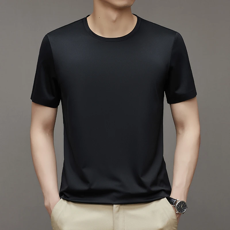 【100桑蚕丝】新款轻奢冰丝无痕打底上衣男士短袖圆领T恤简约高弹