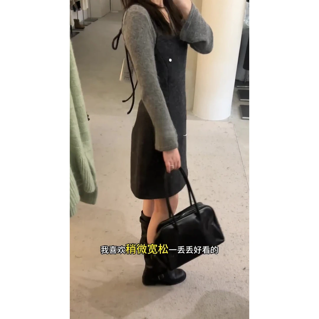 韩系一整套深冬穿搭小香风打底掐腰背心连衣裙叠穿内搭针织套装女