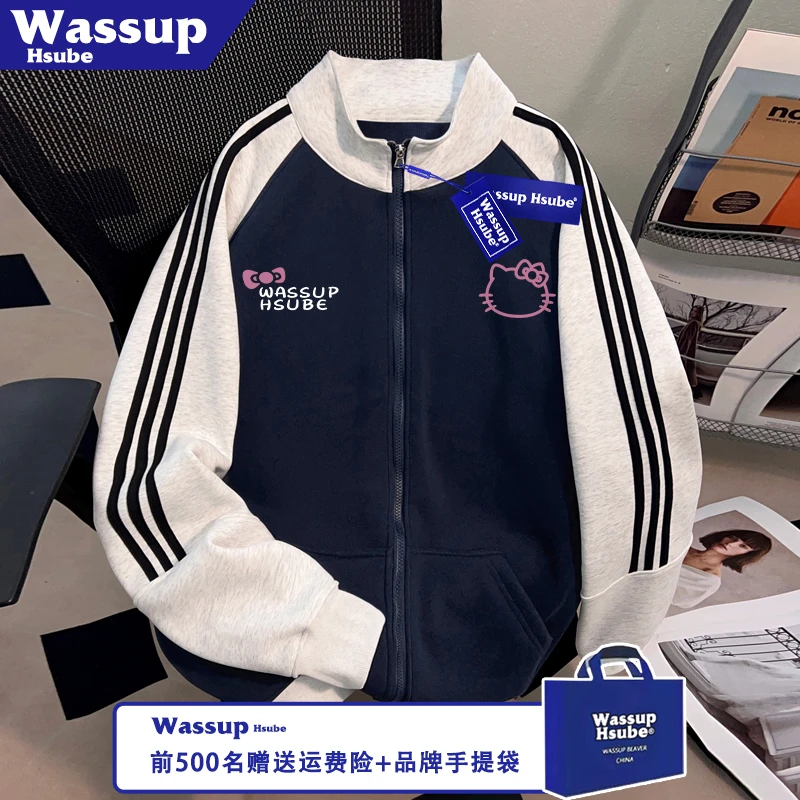 WASSUP HSUBE秋冬全拉链立领开衫男女卫衣线条凯蒂猫印花慵懒外套