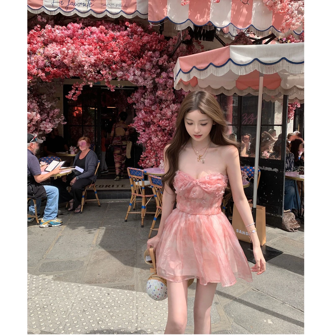 【塞纳黄昏】法式时尚气质薄纱叠层褶皱印花连衣裙女2025新款短裙子