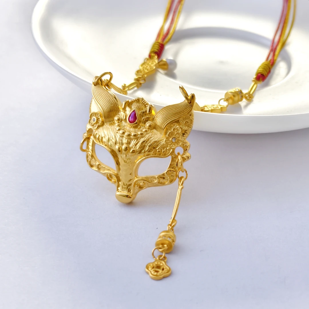 吴越老银铺 吊坠925银锆石 S925银狐狸面具吊坠足手工錾刻民族风