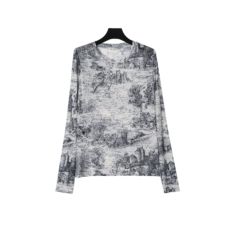 CELLENDI独特新格调复古风印花长袖时尚圆领提花上衣21038