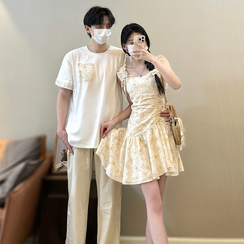 夏季新中式国风情侣装连衣裙一衣一裙男拼接衬衫订婚英伦痞帅男装