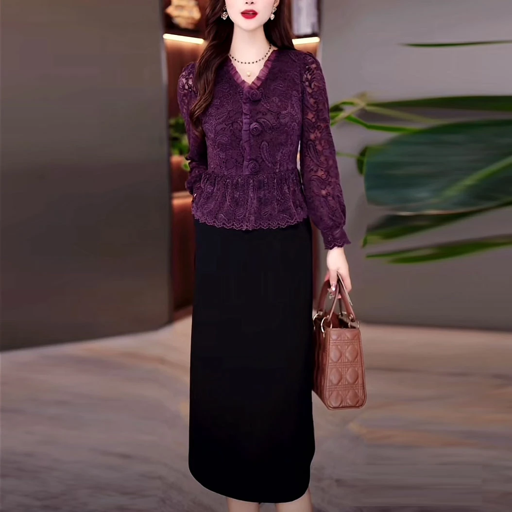 植绒蕾丝时尚气质假两件连衣裙2025秋季新款修身遮肉显瘦打底裙子