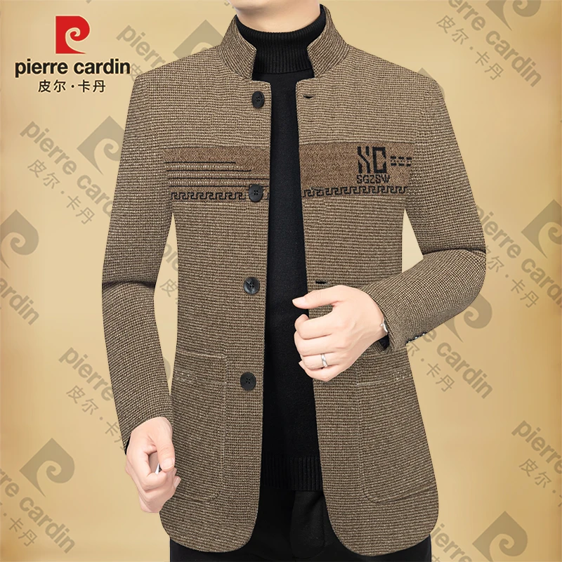 皮尔卡丹男士新款高档商务休闲夹克立领秋冬季毛呢中山装茄克潮流