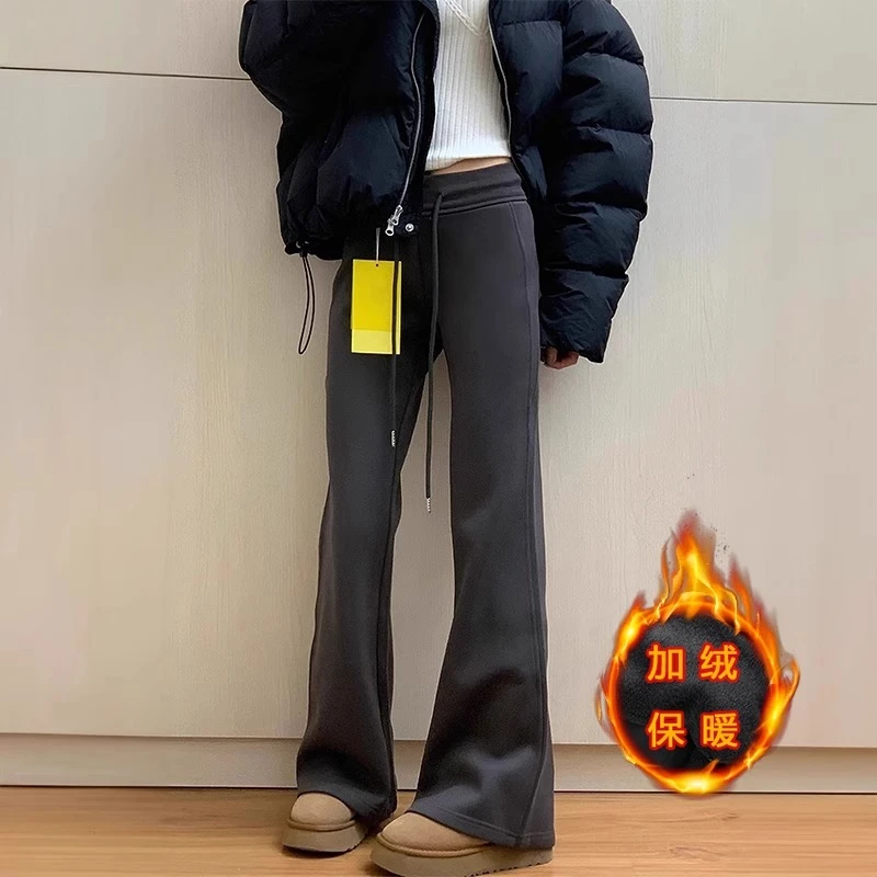 【梦梦】2024秋冬新款微喇休闲裤女加绒加厚显瘦大码高腰修身微喇裤