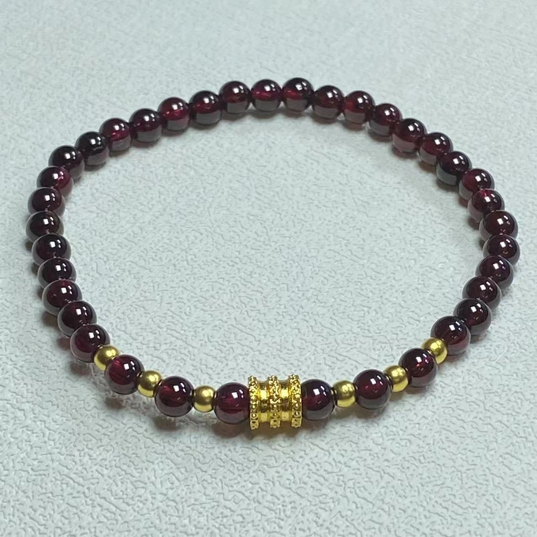 足金999烧蓝款黄色小蛮腰+6颗卡3古法金珠搭石 榴 石手串@@A140