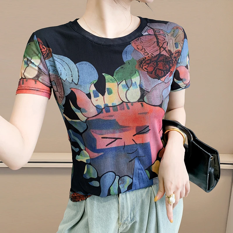夏季薄款网纱纱网印花定位外穿花短袖T恤圆领洋气半袖上衣潮
