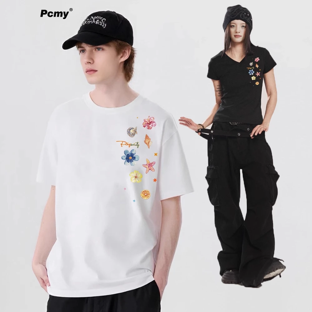 PCMY海螺花小众国潮牌短袖夏季正肩显瘦不一样的情侣装美式V领T恤