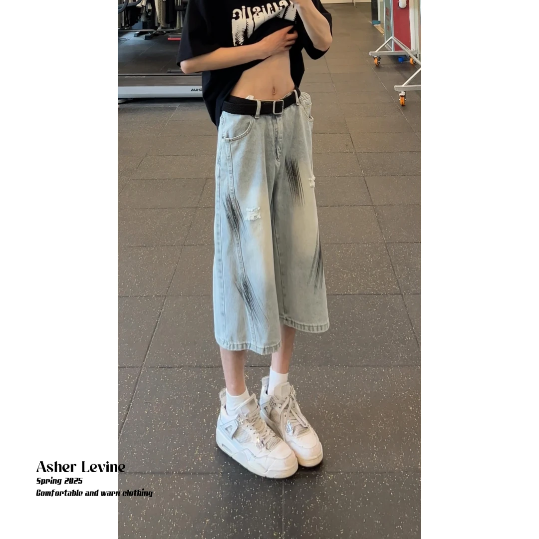 水洗做旧复古阔腿牛仔裤男夏季款直筒中裤宽松休闲半松紧七分短裤