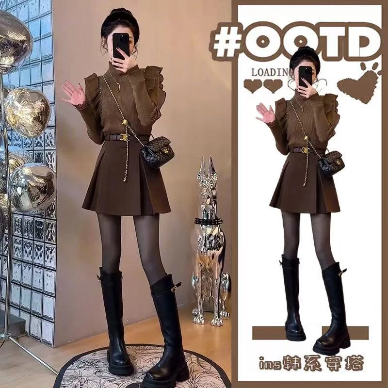 秋季一整套穿搭女2025新款韩式紧身荷叶边毛衣小众半身裙两件套装