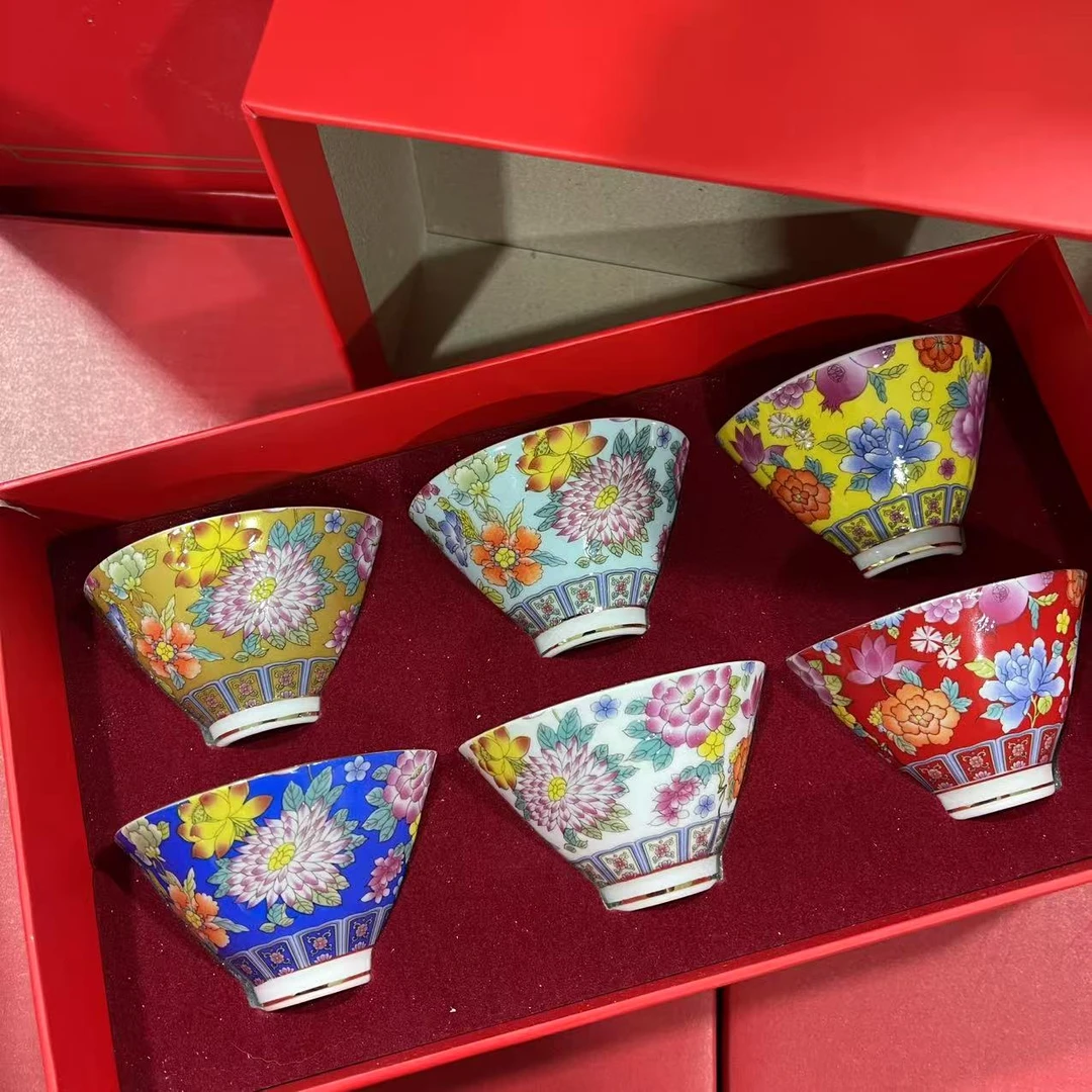 【王家陶瓷】JZGF-珐琅彩万花斗笠杯六杯礼盒装